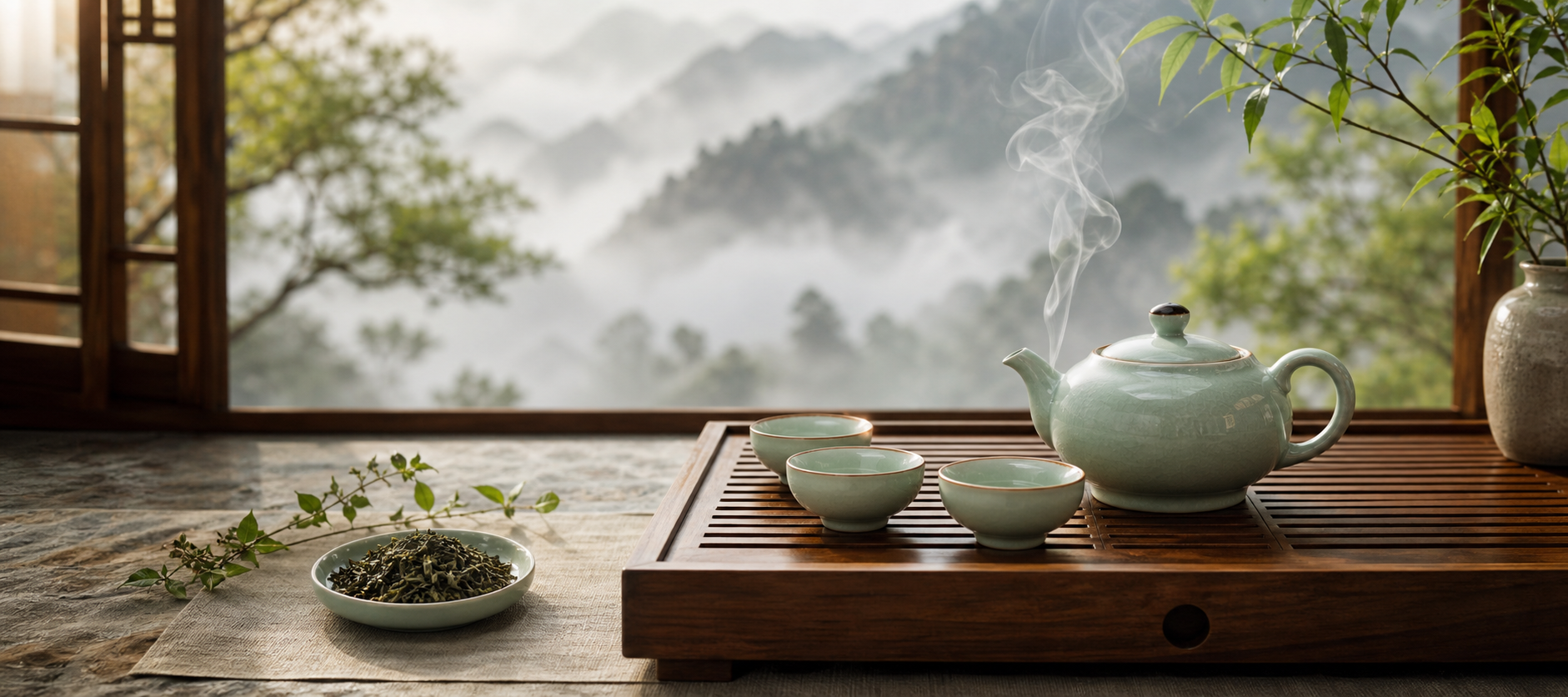 窗前茶席、青瓷茶壶与远处云雾山景